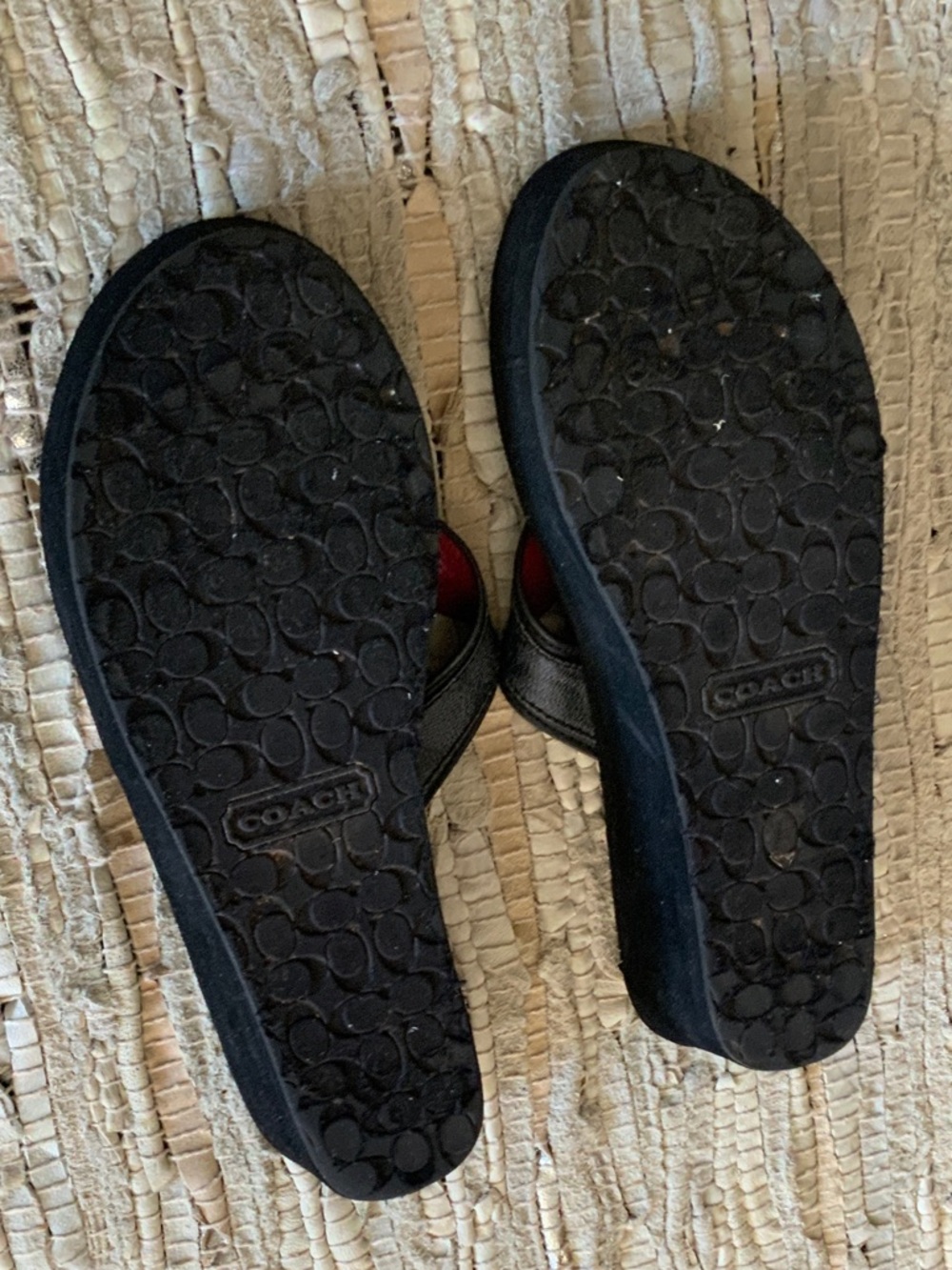 Coach Black Flip Flops with Red Lining and Gold Logo - Picture 3 of 4